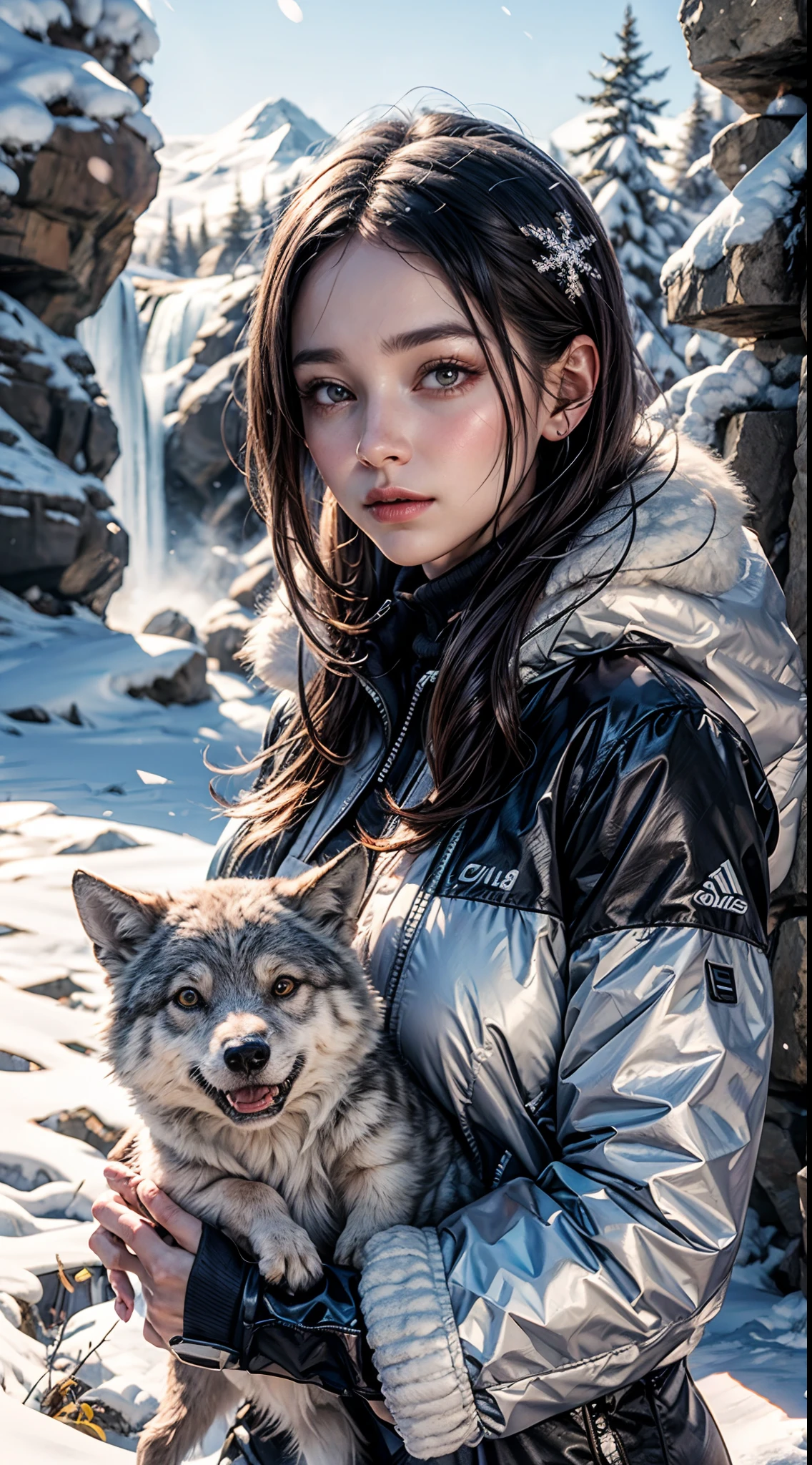 Snow Mountain, snowflakes, frozen waterfall, 1 girl playing with fluffy cute wolfs, beautiful weather, snow smoke, winds, 8K Masterpiece collection award winning artwork, AMD fidelityFX super resolution 3 rendered, ray tracing, UHD, detailed portrait.