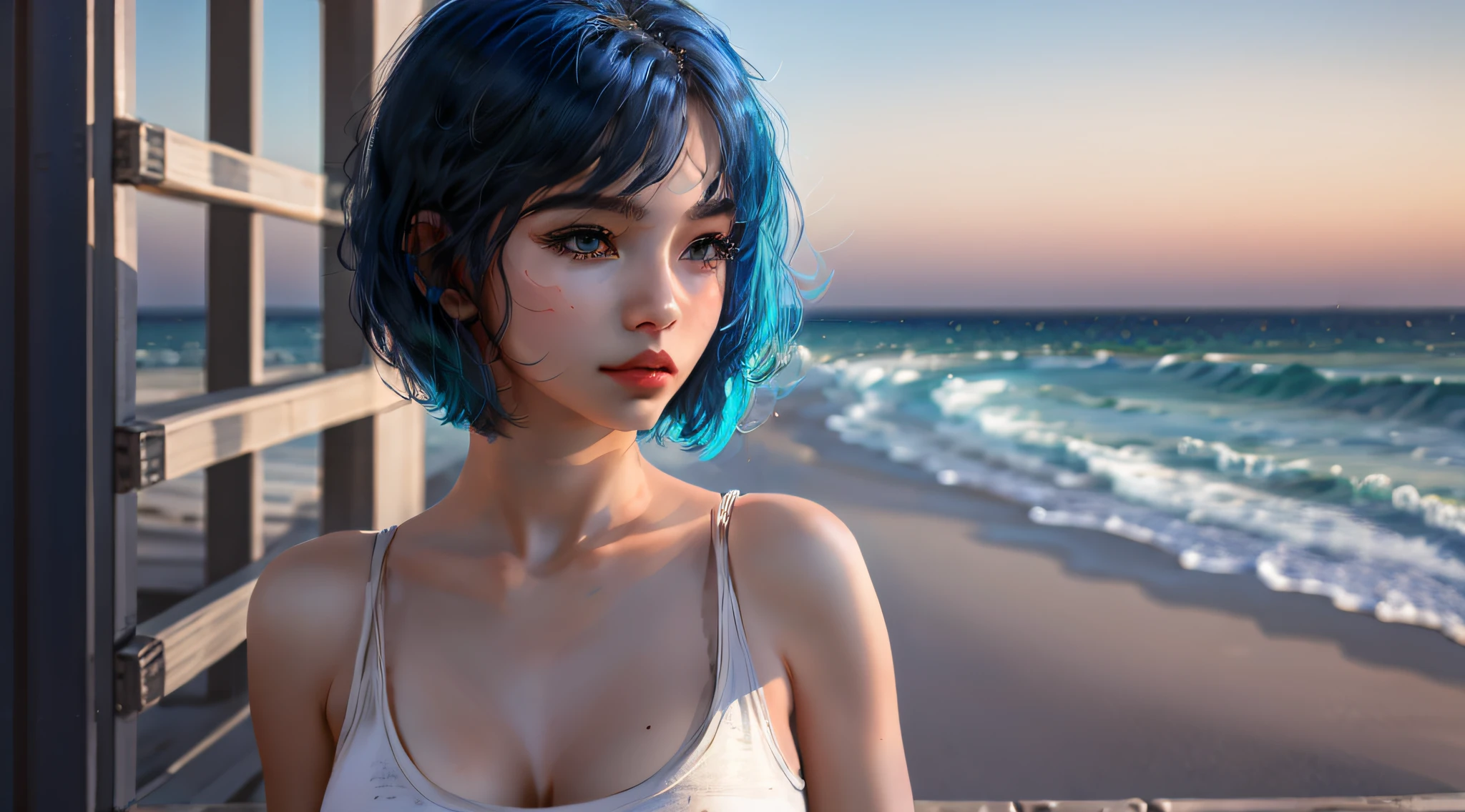 Hermosa chica mirando el horizonte, cuerpo perfecto, pechos grandes, pelo azul, usando camiseta sin mangas, piel blanca, cabello corto, cielo del norte.