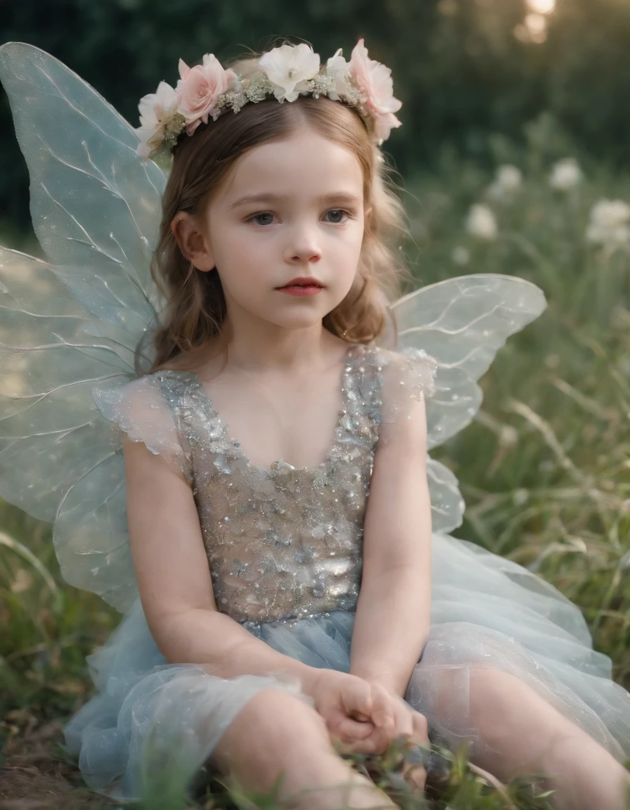 (Un niño pequeño),Fotografía en color del misterioso niño hada de las flores, niño pequeño con alas de colores transparentes, Sentado en la luz divina, Luz de neón, sosteniendo la varita, simetría axial, gran fondo. Vestido plateado, tacones altos, corona de flores, fondo de cielo estrellado, expresión tranquila y misteriosa, Cámara Nikon Z7II, Fujifilm Velvia 50 film, lente de 50 mm, alta saturación, Tim Walker, David LaChapelle, Sofia Coppola , Valentino, Alexander McQueen, ((De cerca))