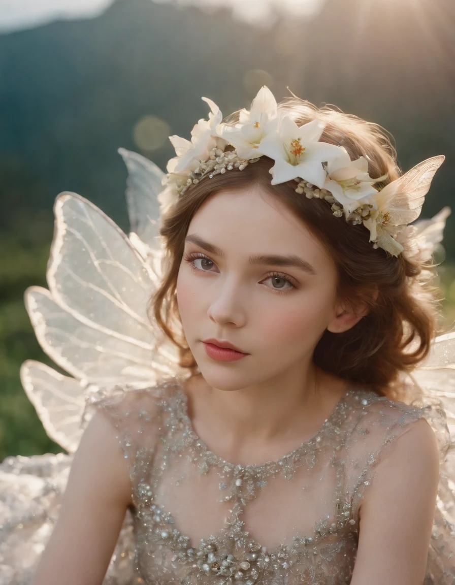 (a little child),Color photo of mysterious flower fairy child, little child with transparent colorful wings, sitting in divine light, neon light, holding wand, axial symmetry, grand background. Silver dress, high heels, flower crown, starry sky background, tranquil and mysterious expression, Nikon Z7 II camera, Fujifilm Velvia 50 film, 50mm lens, high saturation, Tim Walker, David LaChapelle, Sofia Coppola , Valentino, Alexander McQueen, ((close-up))