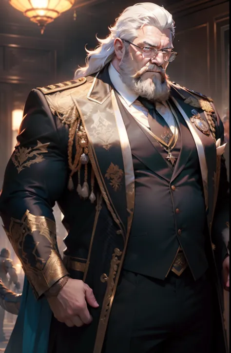 old man, bara,royal commander, thick body, slightly fat,ornate suit,long tie,white beard,white hair,handsome,glassess, sharp gaze, in cage,glowing red eyes, big bulge, standing, hide hands behind hip, hd quality, masterpiece, extremely detailed, looking to...