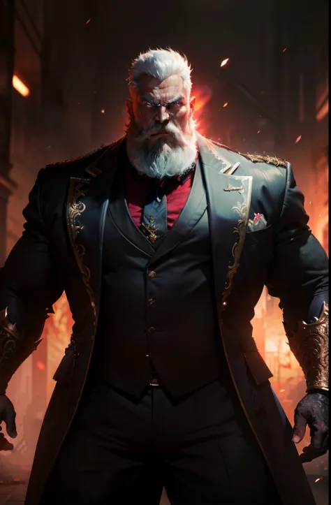 old man, bara,royal commander, thick body, slightly fat,ornate suit,long tie,white beard,short white hair,handsome, sharp gaze, in cage,glowing red eyes, big bulge, standing, hide hands behind hip, hd quality, masterpiece, extremely detailed, looking to th...