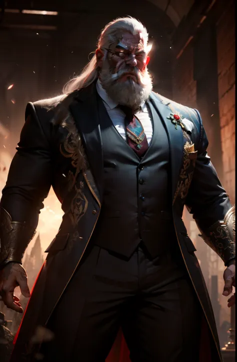 old man, bara,royal commander, thick body, slightly fat,ornate suit,long tie,white beard,short white hair,handsome, sharp gaze, in cage,glowing red eyes, big bulge, standing, hide hands behind hip, hd quality, masterpiece, extremely detailed, looking to th...