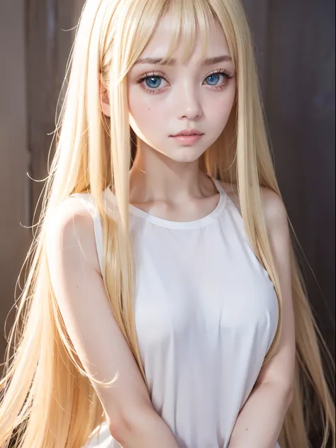 Long hair covered by camera、Beautiful super long straight silky soft hair shining dazzling golden color、bright expression、Blonde girl posing with white top、long golden silky bangs between the eyes,,,,,,,、Facial bangs、fair skin with glossy skin、Pink cheeks、...