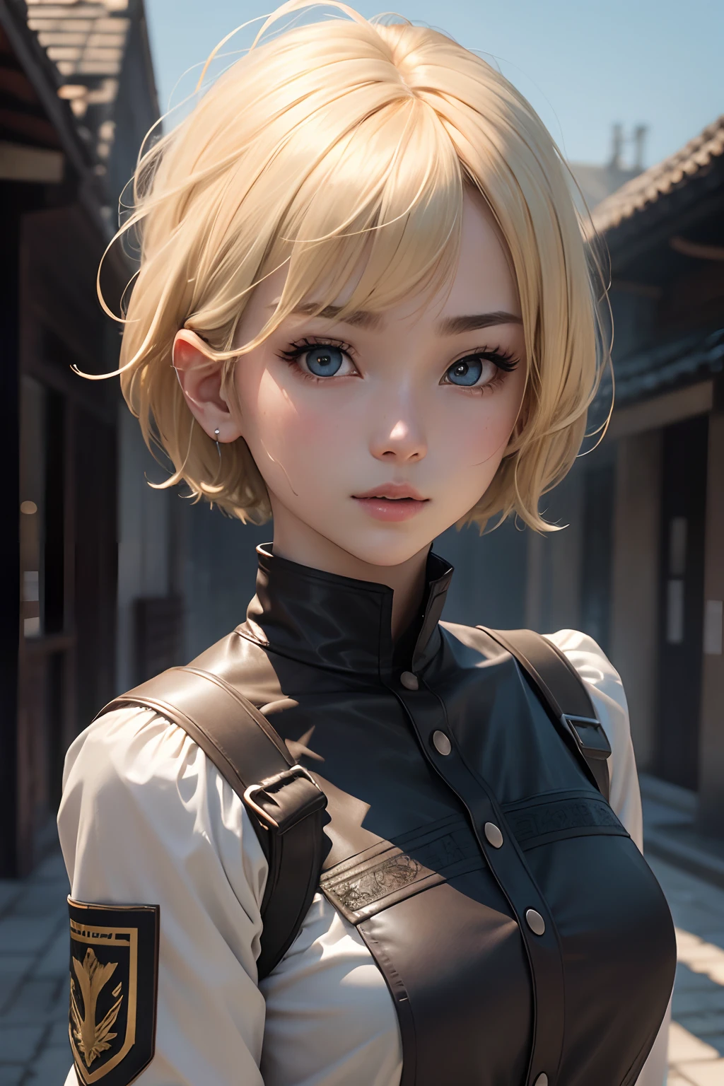 hightquality、​masterpiece、ighly detailed、hight resolution、4K、超A high resolution、detailed shadow、A hyper-realistic、realisitic、dramatic  lighting、1girl、独奏、Front face、A detailed face、realisticeyes、real looking skin、Blonde hair、dynamic ungle、Clothing of American soldiers、Short hair cut、white backgrounid