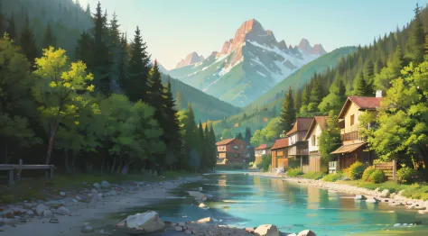 A quiet little mountain village，There are woods，There is a river，There are mountain peaks