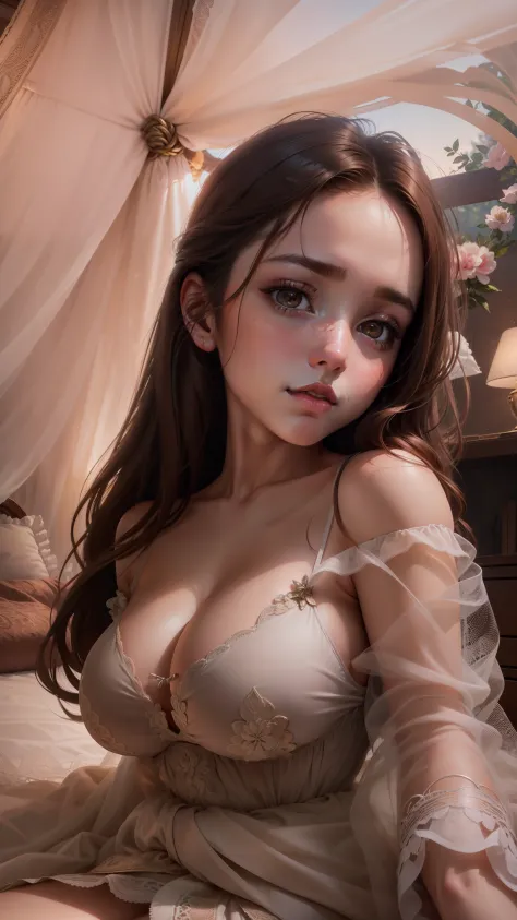 best quality, (ultra-detailed), (llustration), (detailed light), (an extremely delicate and beautiful), 1young girl, brown hair, brown eyes, model, (Beautiful big breasts:1.3), bare shoulders, (bare breasts:1.2), best quality, extremely detailed CG unified...