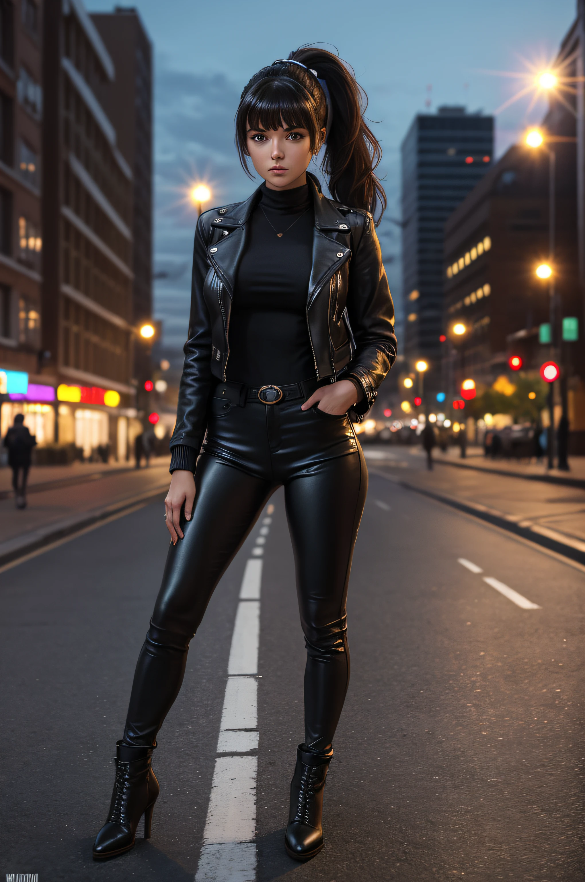 full body Realism, a 22 - year - old girl, dark hair, a ponytail on her head, bangs falling on her face, beautiful hairstyle, light makeup, dressed in a leather jacket, tight leather pants, beautiful shoes on her feet, evening city street in the background, high detail appearance, high detail hairstyle, high detail environment, high detail background, in the background is a modern city, the photo was taken with a photorealistic SLR camera, resolution full hd, 8K