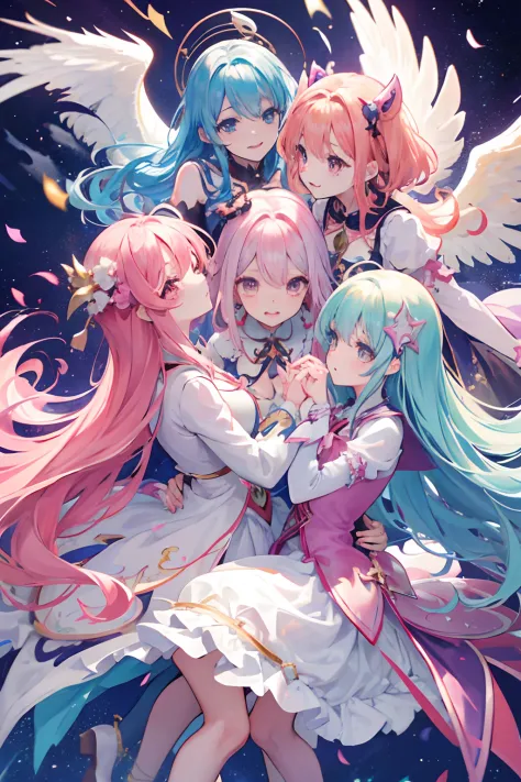 a group of 5 magical girls (mahou shoujo group) flying together and dancing happily and a chaotic, multicolored sky in the backg...