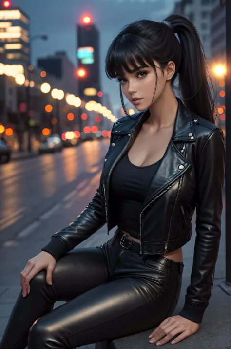 full body Realism, a 22 - year - old girl, dark hair, a ponytail on her head, bangs falling on her face, beautiful hairstyle, li...