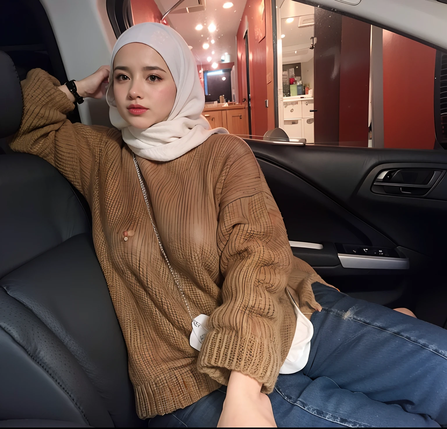 Woman sitting in a car wearing a tan sweater and a white scarf - SeaArt AI