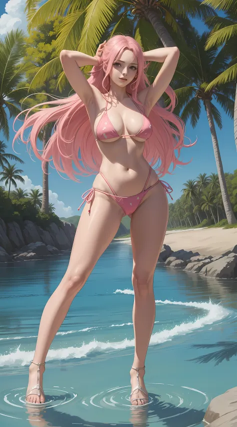Rebecca from the anime One Piece, long hair, pink hair, holding the back of her hair, both hands holding the hair on the back of her head, showing her armpits, beautiful, beautiful woman, perfect body, perfect breasts, wearing a beach bikini, light yelow b...