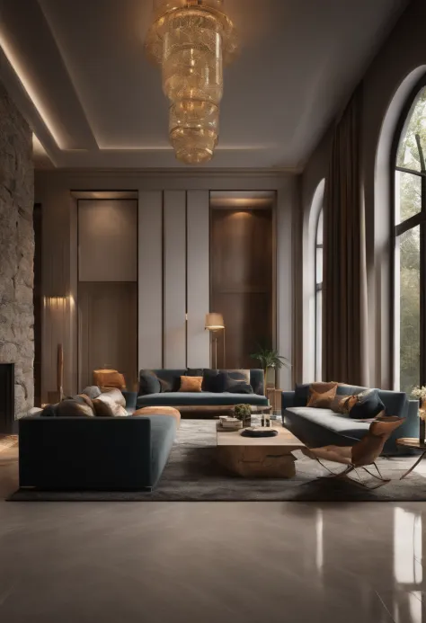 modern living room, Aligoudarz Stone on floor, hyper realistic, high detailed, 8k