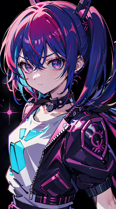 masutepiece, Best Quality, Colorful, Teenager with colorful pigtails wearing detailed leather jacket and anime t-shirt touching ...