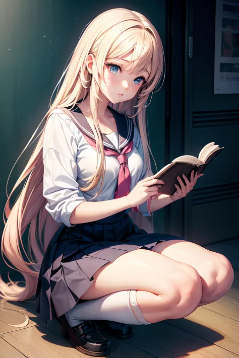 anime girl sitting on the floor with a book and pen, beautiful anime high school girl, anime visuals of cute girls, young anime ...