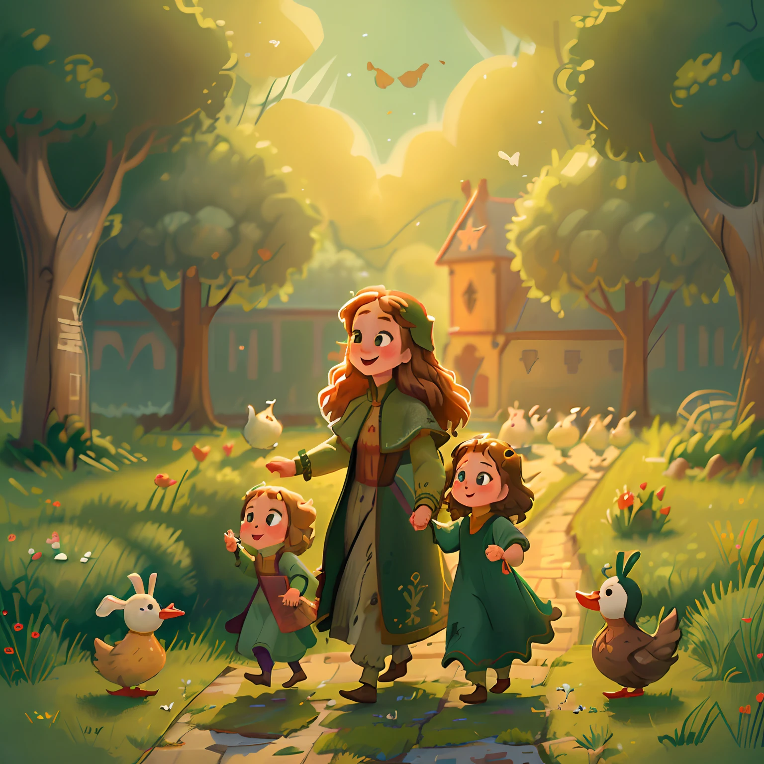 (high resolution: 1.2),Happy moment, medieval mother and 2 daughters, go shopping at village market, cheer, bunnies and duck, beautiful detailed eyes, lush green garden, long flowing hair, traditional medieval clothes,