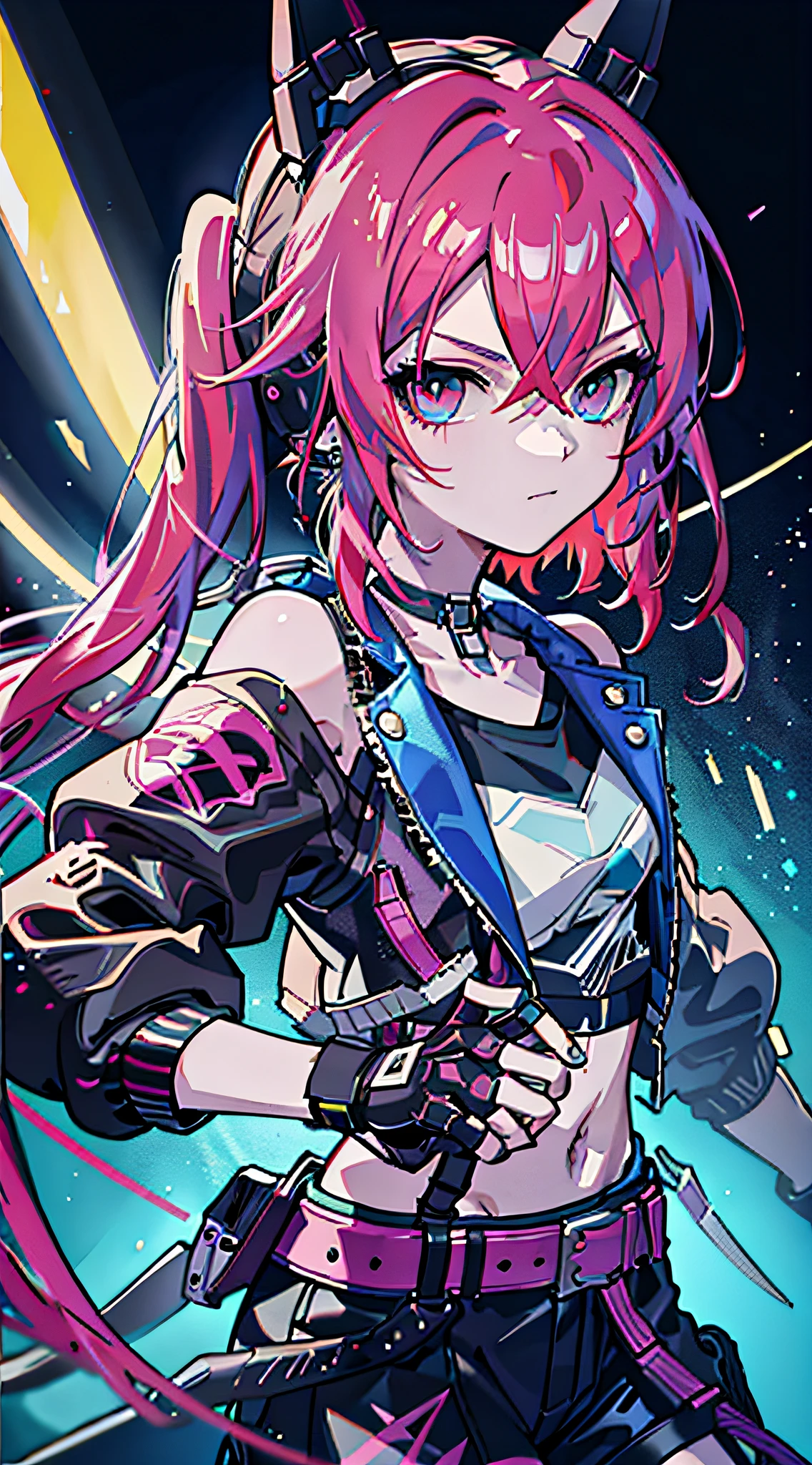 masutepiece, Best Quality, Colorful, Teenager with colorful pigtails wearing detailed leather jacket and anime t-shirt touching translucent panels, In dark voids filled with small strong light particles, Jacket from the shoulder, Front floating screen, Dramatic viewing angles, Dynamic Pose, (Close-up of face focus:1.2), Detailed headphone earrings cat with neon ears, Contrasty, Colorful hair, color combination, Bright, Red hair, Blue hair See all Depth of field, High resolution, high intricate detailed, Dramatic shadows, Global Illumination