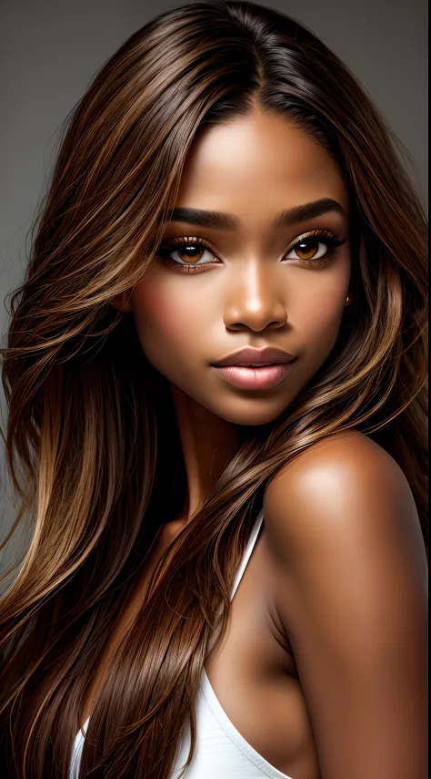 best quality, ultra high res, (photorealistic:1.4), masterpiece, 1girl, brown skin color, brown_eyes, from_behind, fur_trim, hair_over_one_eye, lips, long_hair, make up, looking_at_viewer, looking_back, nose, photo_\(medium\), photorealistic, realistic, so...