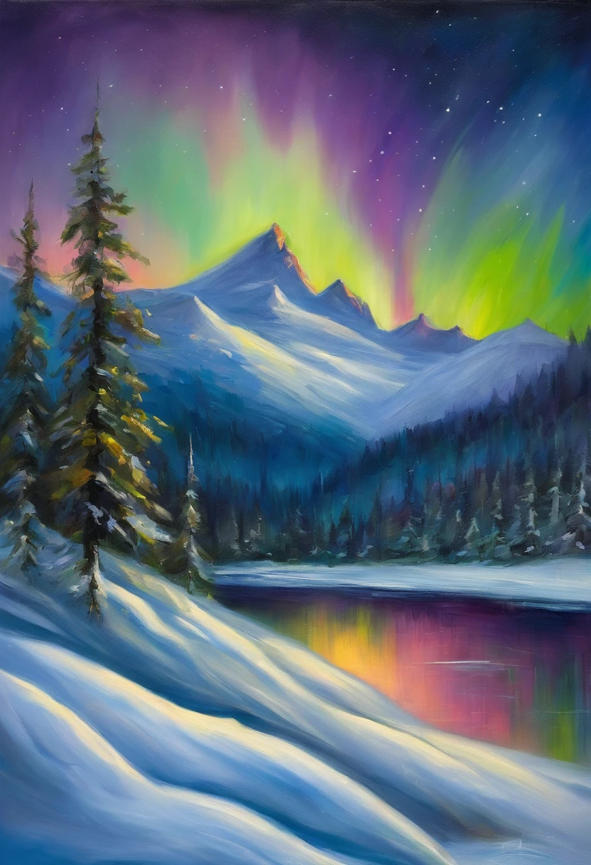 Painting of a mountain scene with a lake and aurora lights - SeaArt AI