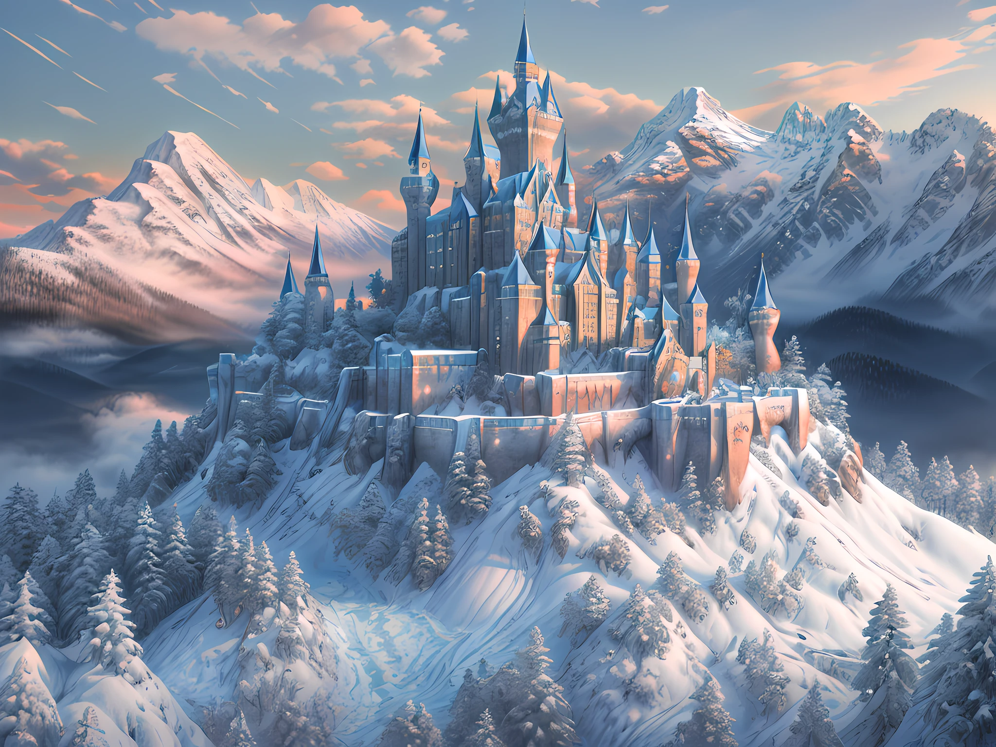 a panoramic award winning photography, Photorealistic, extremely detailed picture of a castle made from [[ice]] made_of_ice standing on the peak of a snowy mountain, an impressive best detailed castle made from ice (Photorealistic, extremely detailed), with towers, bridges, a moat filled with lava (Photorealistic, extremely detailed), standing on top of a snowy mountain (masterpiece, extremely detailed, best quality), with pine trees, sunset light, some clouds in the air, alpine mountain range background, best realistic, best details, best quality, 16k, [ultra detailed], masterpiece, best quality, (extremely detailed), ultra wide shot, photorealism, depth of fiel