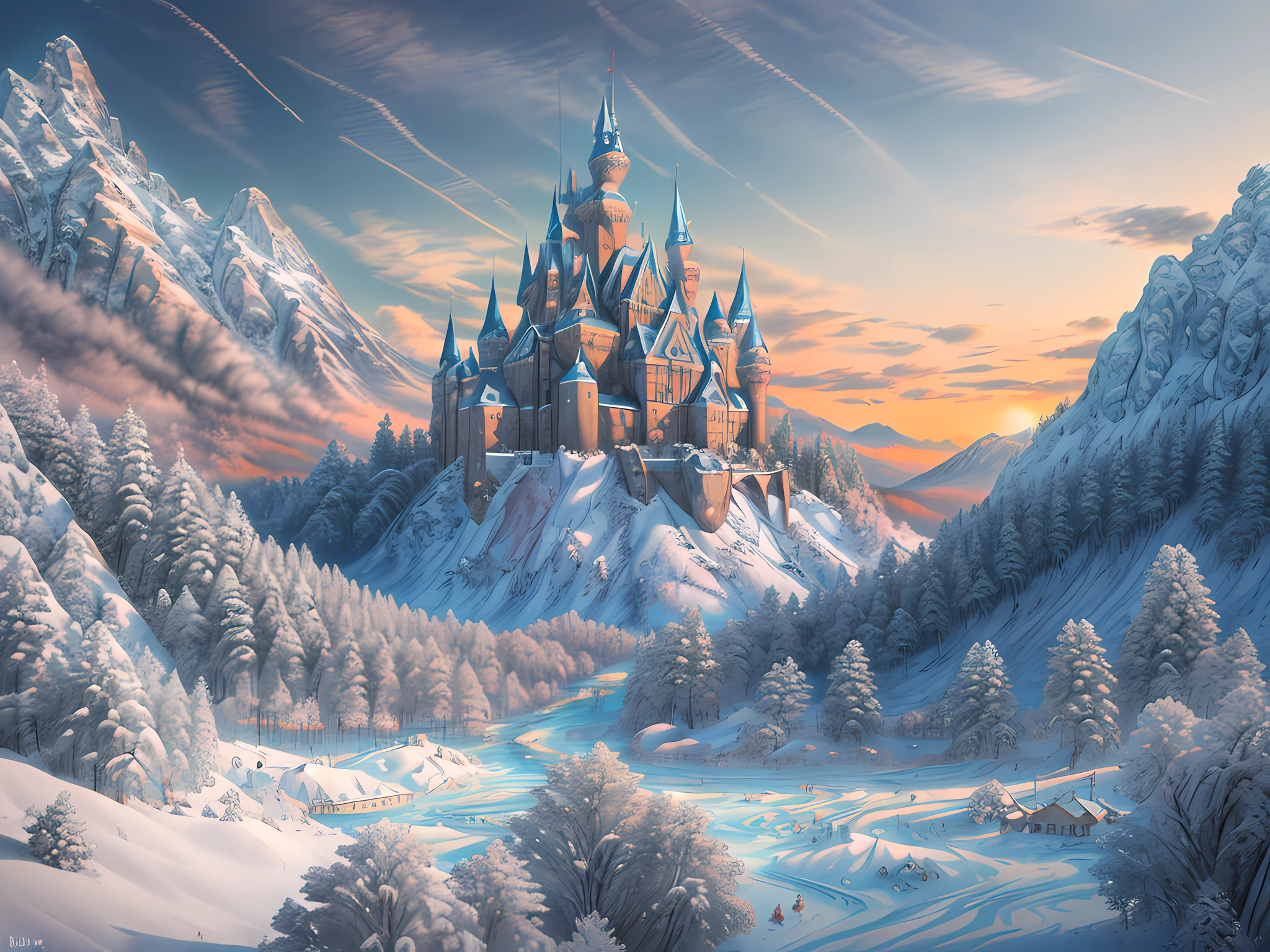 a panoramic award winning photography, Photorealistic, extremely detailed picture of a castle made from [[ice]] made_of_ice standing on the peak of a snowy mountain, an impressive best detailed castle made from ice (Photorealistic, extremely detailed), with towers, bridges, a moat filled with lava (Photorealistic, extremely detailed), standing on top of a snowy mountain (masterpiece, extremely detailed, best quality), with pine trees, sunset light, some clouds in the air, alpine mountain range background, best realistic, best details, best quality, 16k, [ultra detailed], masterpiece, best quality, (extremely detailed), ultra wide shot, photorealism, depth of fiel