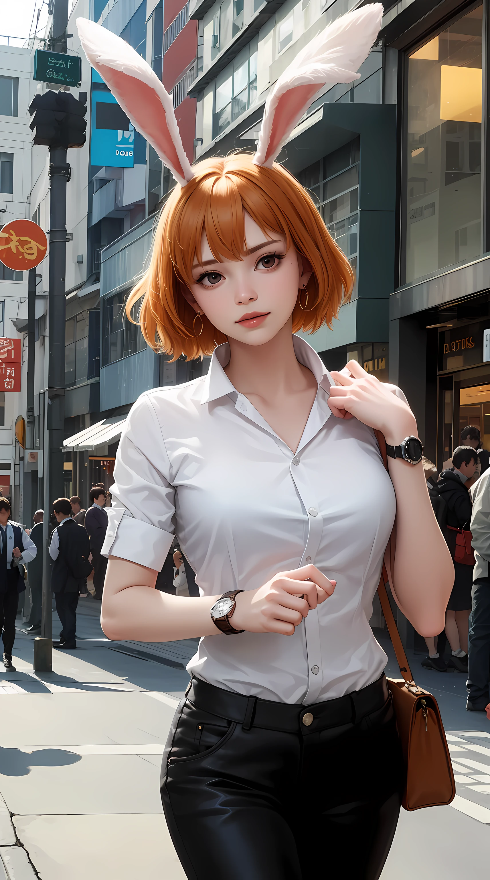 carrot from the anime one piece, short hair, orange hair, ponytail, has rabbit ears, beautiful, beautiful woman, perfect body, perfect breasts, wearing a white formal shirt, black blazer, black trousers, carrying a bag, wearing a watch, wearing earrings, in public, creatures in tokyo city, on the street, looking at the viewer, a slight smile, realism, masterpiece, textured leather, super detailed, high detail, high quality, best quality, 1080p, 16k