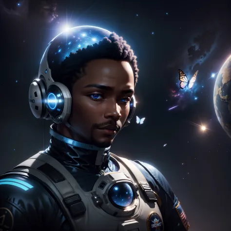 Black man astronaut in space with butterflies flying around him, blue moon in the background shining blue light in the scene, with iridescent light, 32k, ultra HD, unreal engine rendered, cinematic lighting, artgerm style, bright and vibrant colours, photo...