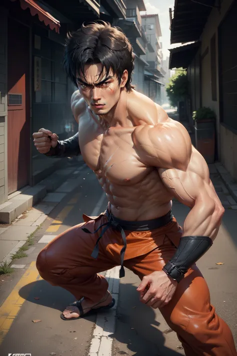 tips: full bodyshot, gamecharacter design, man with a scar on his chest, kenjiro, hokuto shinken character, bruce lee's signatur...