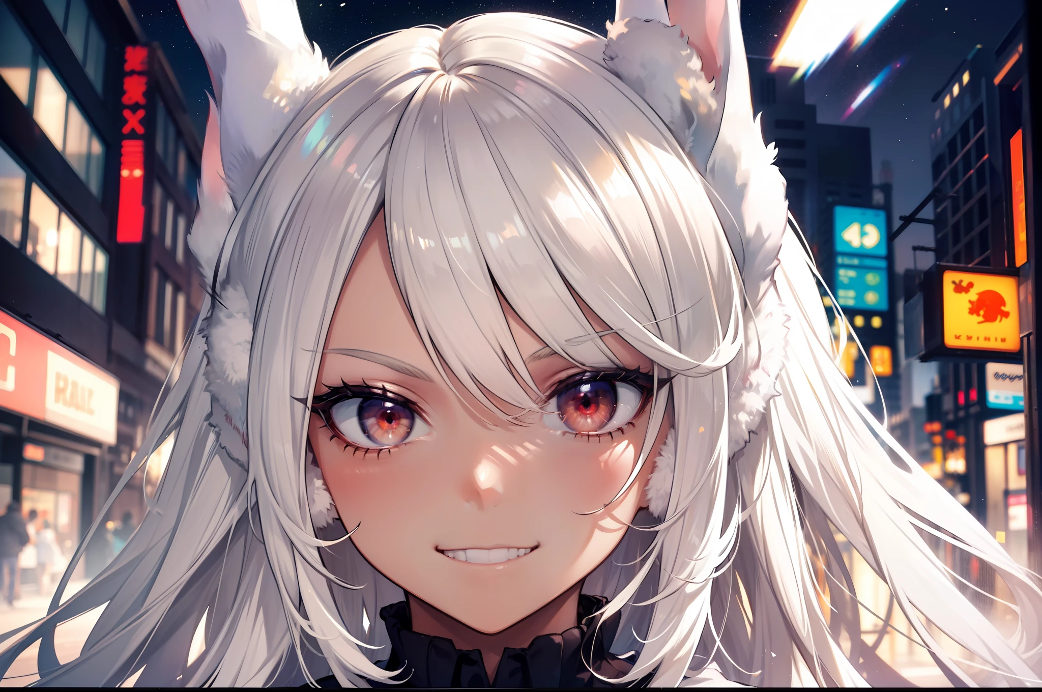 Masterpiece,​masterpiece, top-quality, hight resolution, 1girl in, 独奏, white  hair, The long-haired ,Long hair,straight haired, (Rabbit ears ,Rabbit ears) , ((Brown skin , darkskinned)),Hanging eyes,Glaring eyes,Scary smile,Invincible smile, Bullish smile, Neon City, Night city,up of face,detailed face depiction,Beautiful facial features,dark sky,Turn to this,Depiction of beautiful faces, detailed face depiction,Focus on the face,