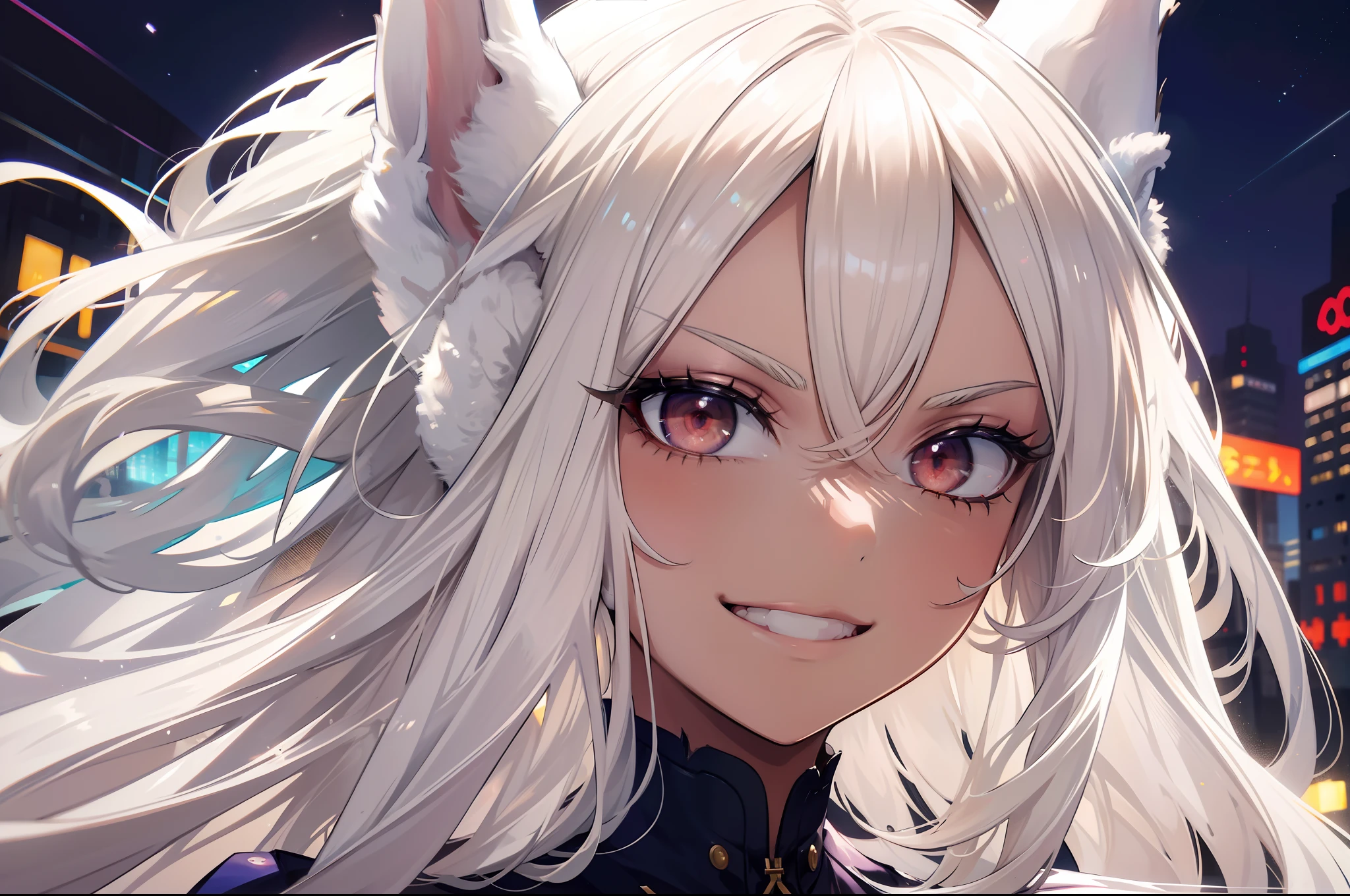 Masterpiece,​masterpiece, top-quality, hight resolution, 1girl in, 独奏, white  hair, The long-haired ,Long hair,straight haired, Rabbit ears ,((Rabbit ears )), ((Brown skin , darkskinned)),Brown skin,Hanging eyes,Glaring eyes,Scary smile,Invincible smile, Bullish smile, White clothes,Neon City, Night city,up of face,detailed face depiction,Beautiful facial features,dark sky,Turn to this,Depiction of beautiful faces, detailed face depiction,Focus on the face,