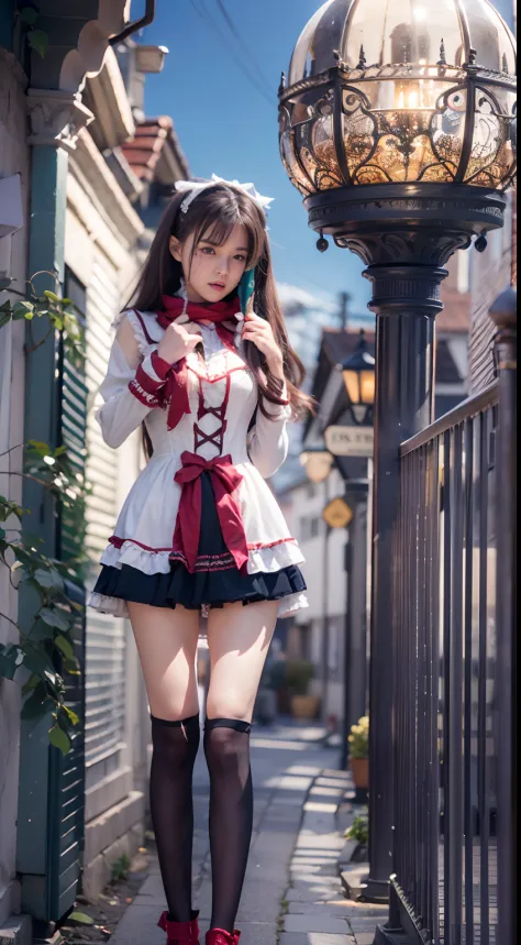 (to the firmware), 1womanl, 20yr old, 7headed body, (Clear face), (Ideal body proportions),(Focus above the calf)， Modern old town view, ((Lolita costume)), (((Red muffler))), Wet,  white skinned, slenderness, Dark hair, Long hair, beautifullegs, Small but...