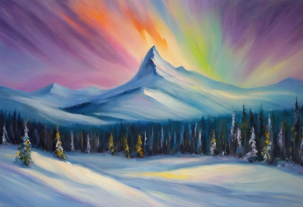 Painting of a mountain with a colorful sky and trees - SeaArt AI