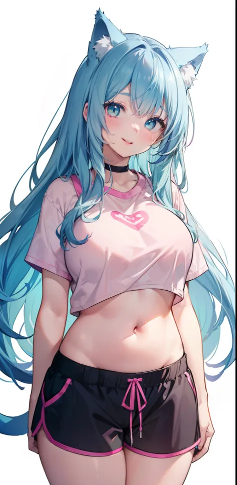 (sketch drawing), (close up), (adult body), ((mouth, smiling, lips)), (chest a little big), (thick legs), (large thighs), (pink cheeks), ( short shirt), (showing belly), (perfect belly), (gym shorts), (blue cat ears), (beautiful cat ears), (blue hair), (gr...