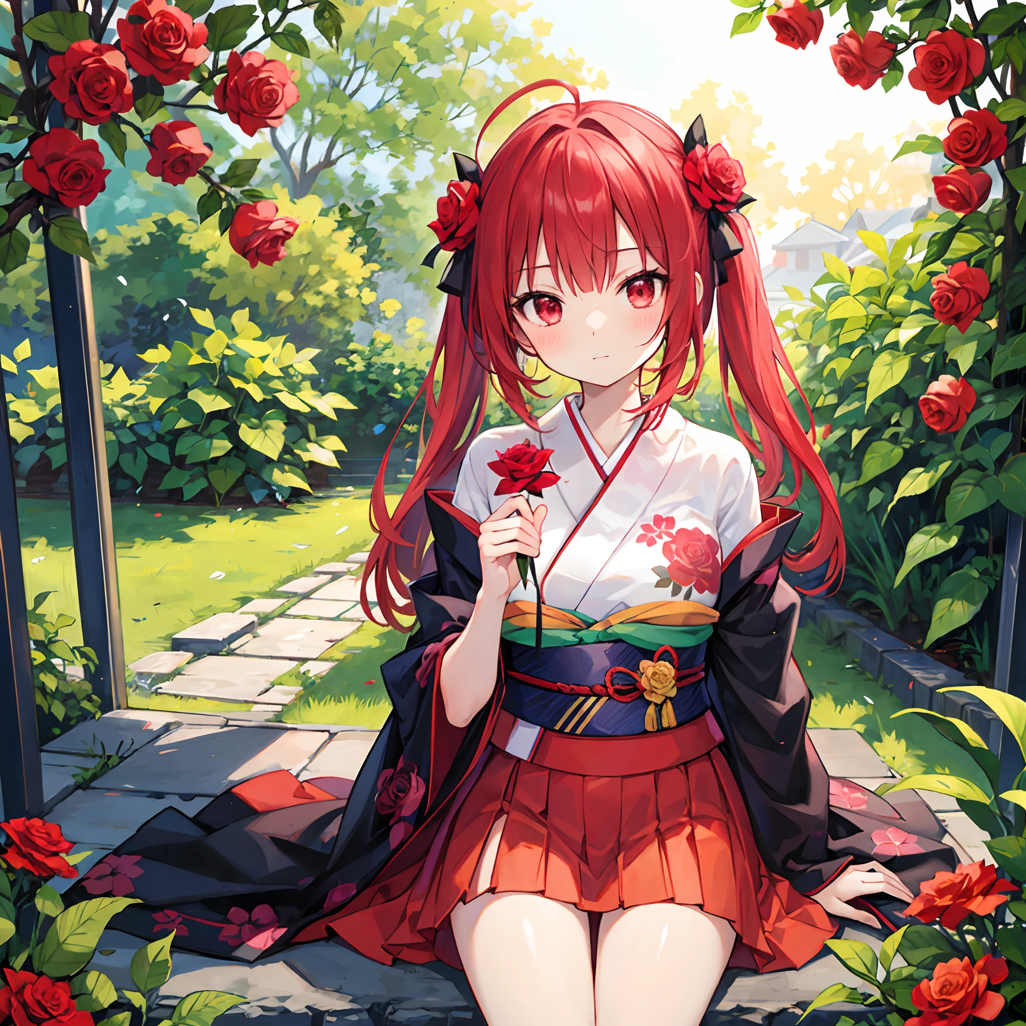 Pelirrojo、cabeza de bola de masa、ojos rojos、hermosa chica sola、Kimono、una minifalda、Jardín de rosas rojas brillantes、sentado en