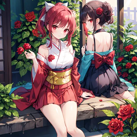 Red hair、Hair is up、red eyes、Beautiful girl alone、Kimono、a miniskirt、Bright red rose garden、sitting on
