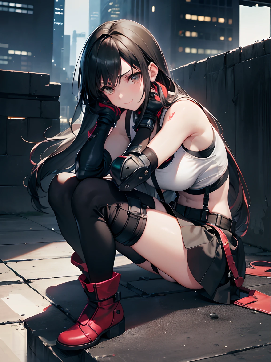 Anime girl sitting on steps with red boots and black gloves - SeaArt AI