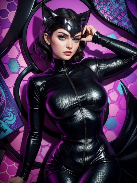Catwoman from DC Comics, Masterpiece, Best quality, abstracted, Psychedelic, neonlight, (honeycomb pattern), (Creative:1.3), Sy3...