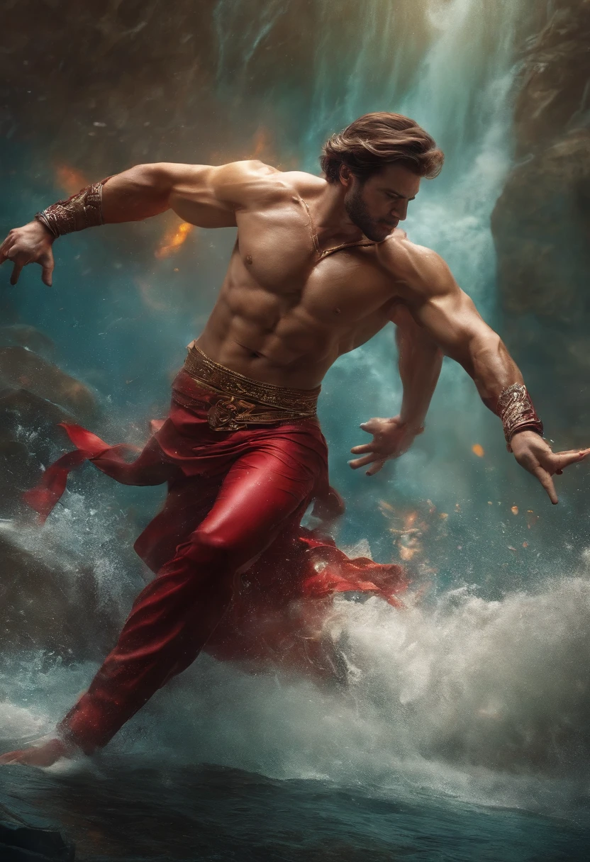 A man in red pants is running through the water - SeaArt AI