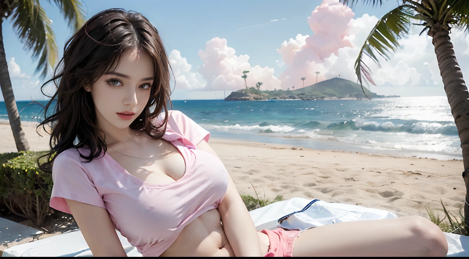 Arafed asian woman sitting on a beach with a pink shirt - SeaArt AI