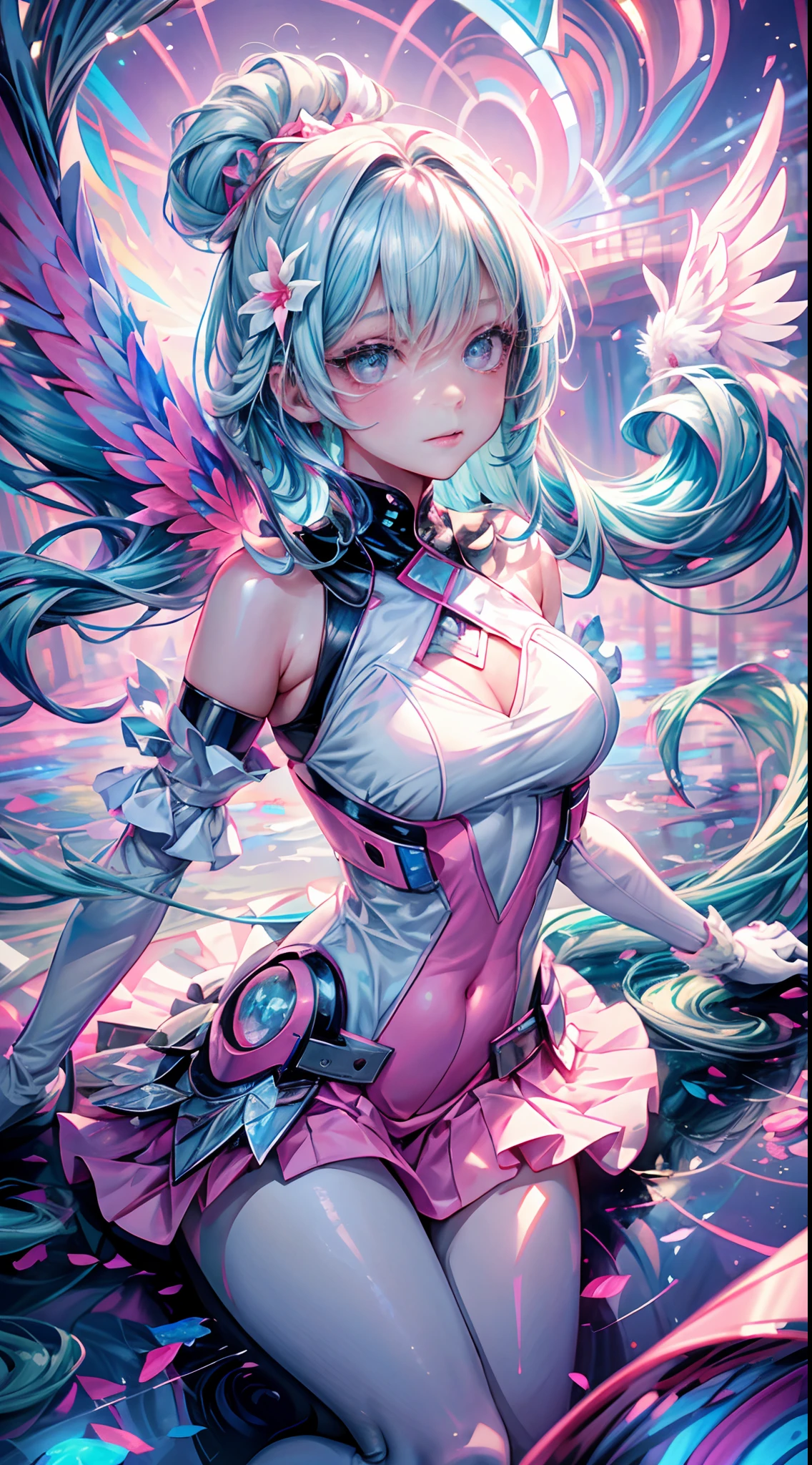 Masterpiece, {beauty},solo,1 girl, pink dress, fantastic hair, neon background white wings, cloud background, lake blue hair