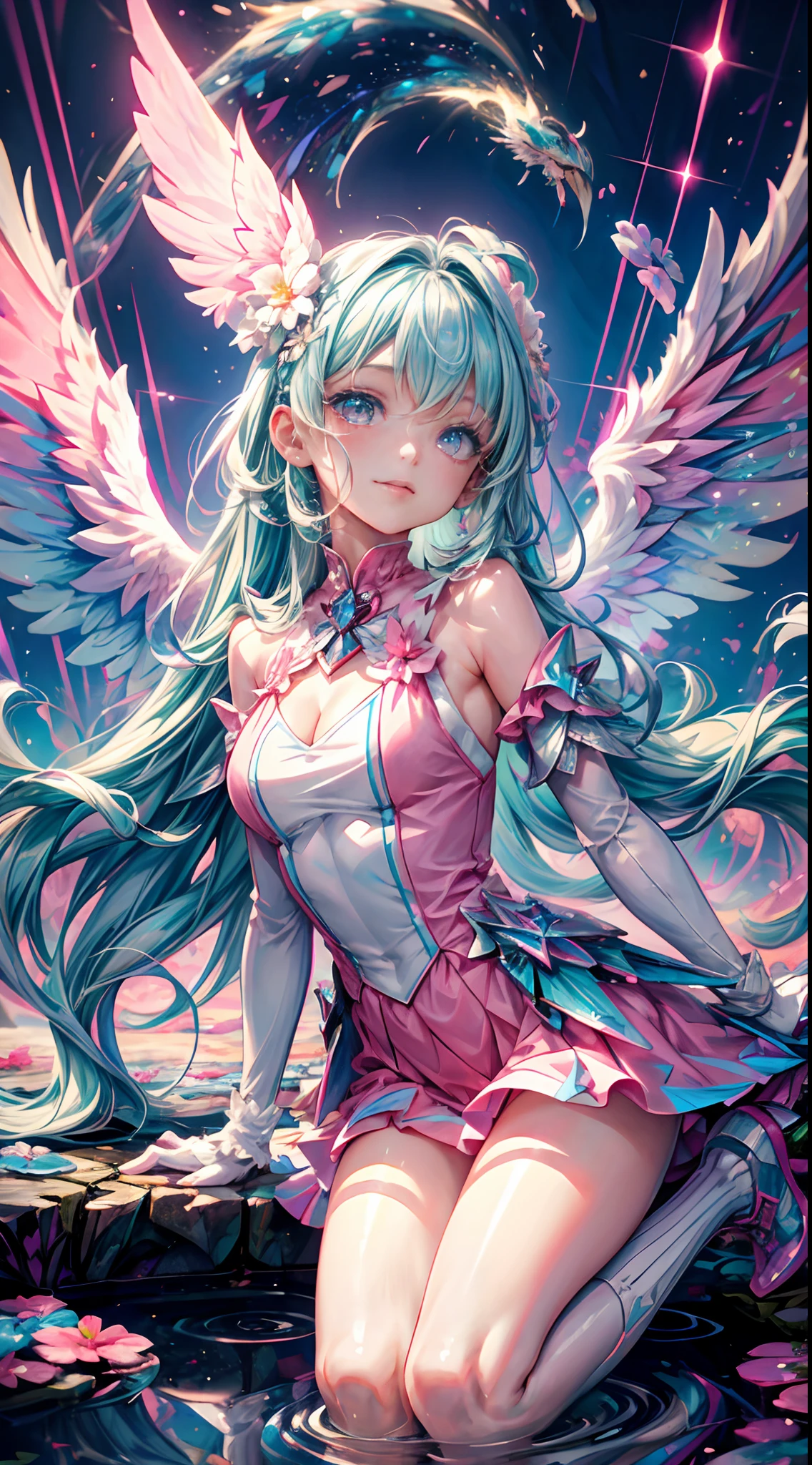 Masterpiece, {beauty},solo,1 girl, pink dress, fantastic hair, neon background white wings, cloud background, lake blue hair