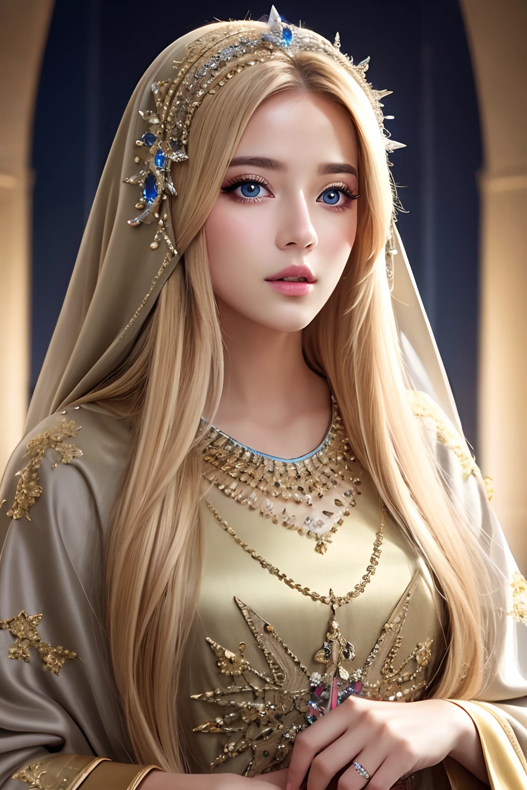 European Princesse blond hair long hair super detailed face portrait zoom sexy face sexy eyes sexy Mouth glowing crystal eyes hyper realistic super detailed Dynamic shot master piece scene wearing Islamic caftan marocain