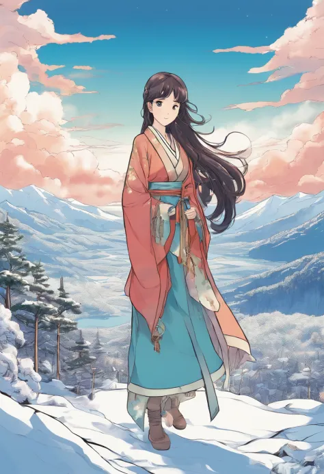 Kikurihime Hakusan, Goddess standing on snowy Hakusan mountain. Kikurihime's background is a cloudless blue sky。