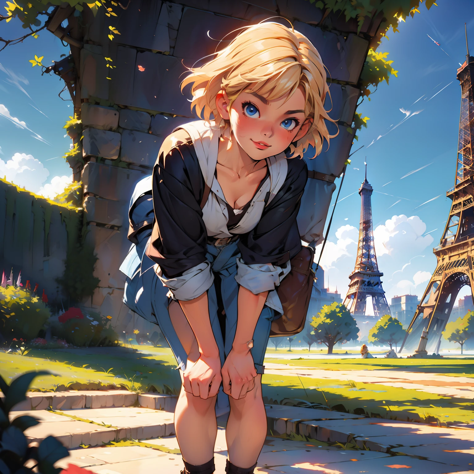 masterpiece, digital paint, (Cute girl, 20 years old, blond short hair ), at the top of eiffel tower in paris by Jim Lee. 1990s \(style\),