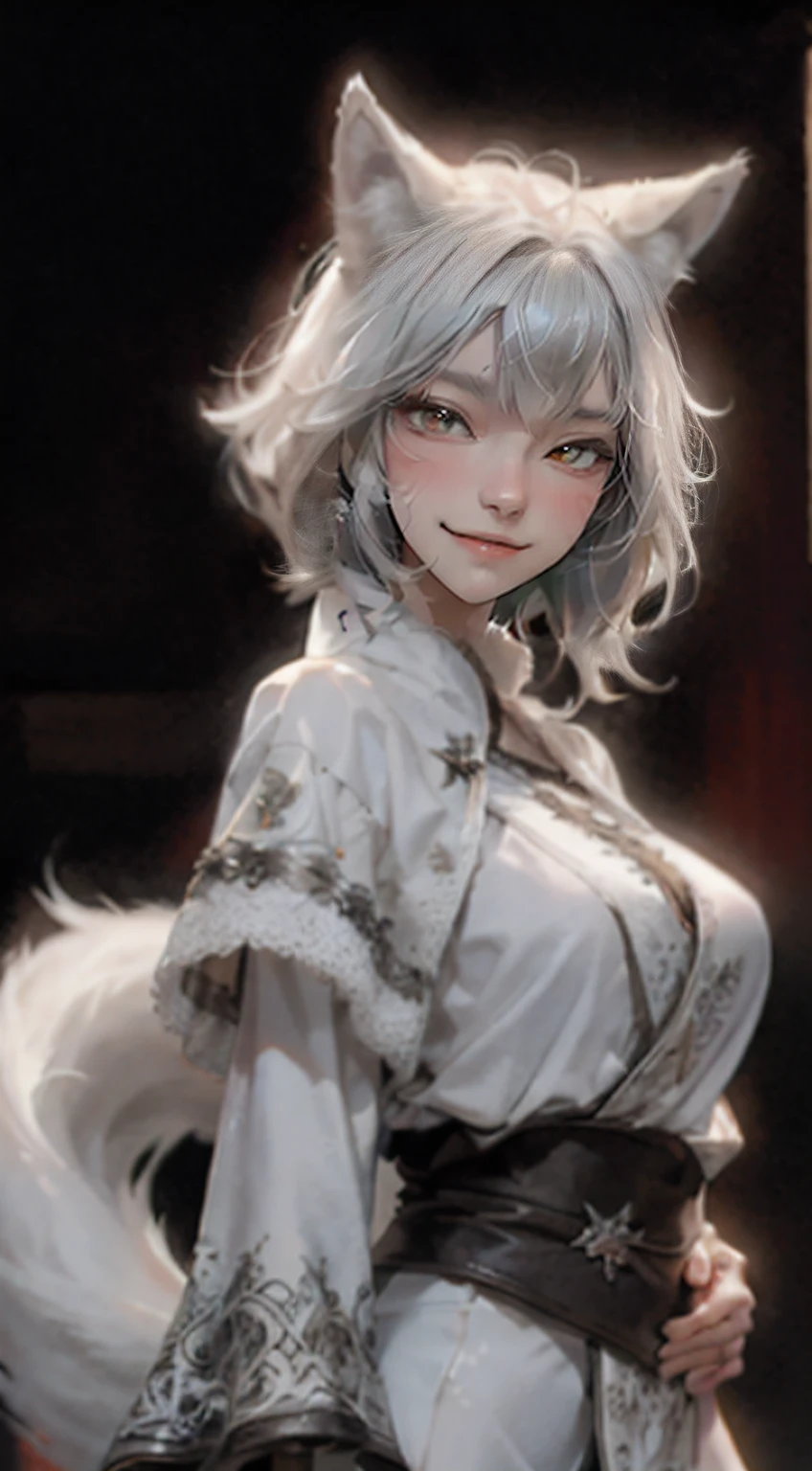 Masterpiece,HDR,fantasy, NVIDIA RTX, Unreal engine 5,((Portrait: Woman, Hairstyle: Wolf Cut:1.2 - Short front layers, Long and wild-textured back,white hair, Eyes: Sharp, Expression: Grinning with visible fangs)), realistic,dim lighting,wolf grin,lifted lips, visible sharp teeth,visible fangs, (wolf fangs), sharp eyes, and a strong posture,fangs:1.4,red eyes1:2,(white wolf-fur clothing:1.4),large breast:1.2, frontal shot,(head turned sideways, sideways glance),hand behinds back,wink