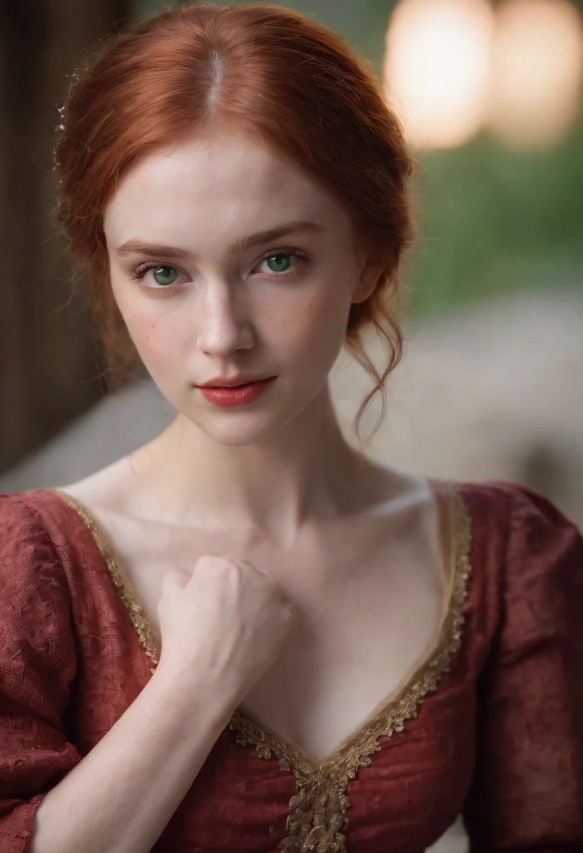 (((a deep reddish wound crosses her left cheek))) full body shot, fair complexion, woman around 19 years old, natural ginger hair, distinctive green eyes, wearing summer dress, no bra, slender and graceful, beautiful, candlelight in a medieval setting, ultra sharp focus, realistic shot, tetradic colors (scar:1.4)