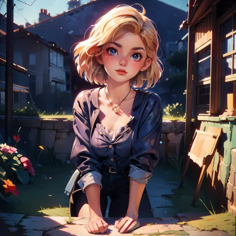 masterpiece, close up, digital paint, (cute girl, 20 years old, blond short hair ), at the top of eiffel tower in paris by jim l...