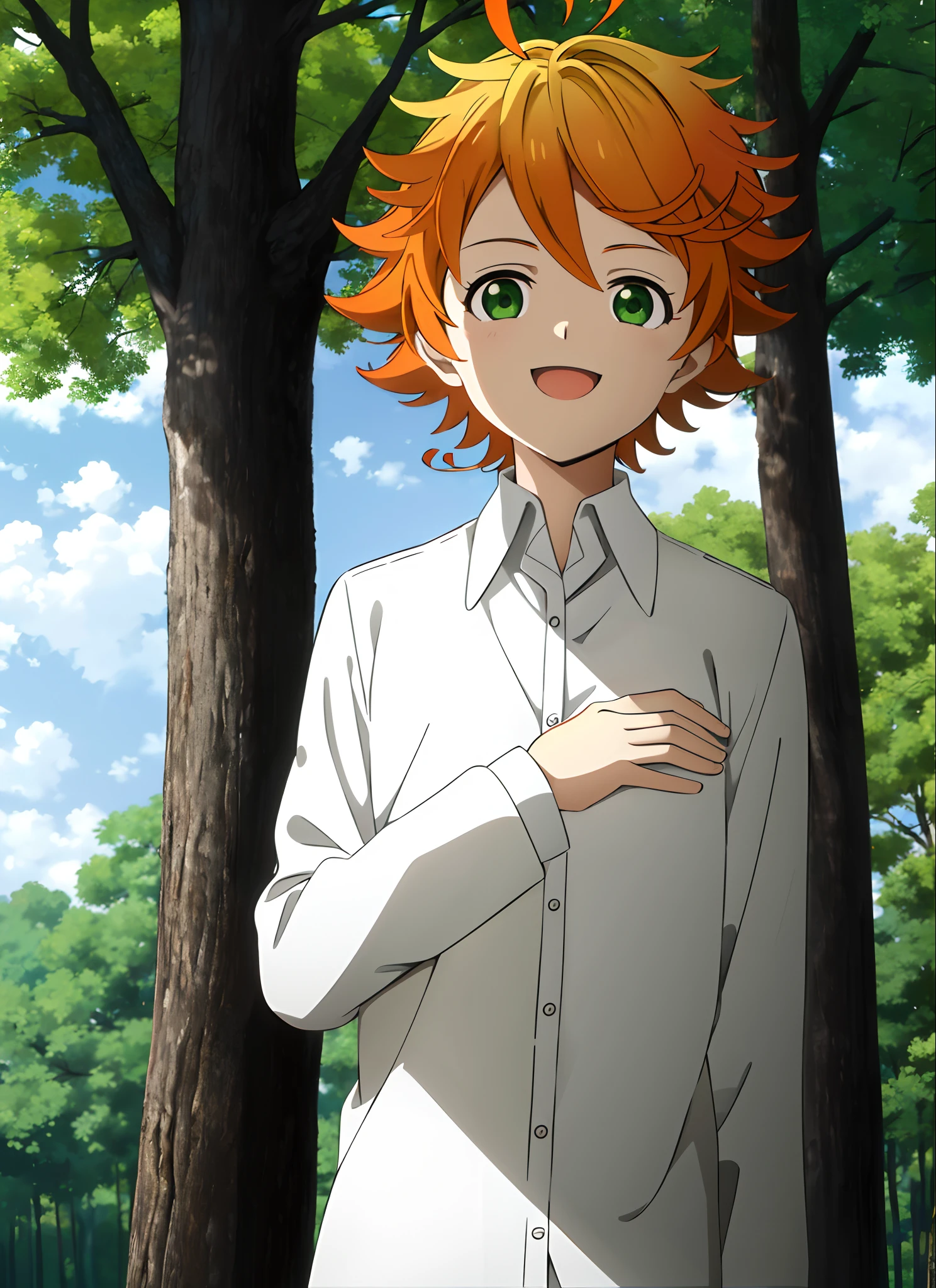 promisedNeverland masterpiece, best quality, 1girl, shirt, green eyes, solo, forest, white shirt, number tattoo, nature, short hair, looking at viewer, orange hair, tree, smile, ahoge, upper body, open mouth, outdoors, collared shirt