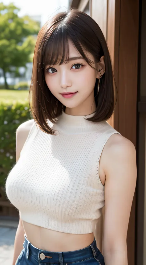 masutepiece, Best Quality, Photorealsitic, finely detail, hight resolution, 8K Wallpapers, Perfect dynamic composition, Beautiful detailed eyes, Medium Hair, large full breasts, Random and sexy poses,Bring your chest together、(Very Small Size Mock Neck Crop Tank Top White Knitwear)、(Breast bulge 1.2)、A smile、open open mouth、Resort scenery、23years old、(Drooping eyes 1.4)、Adult beauty、japanes