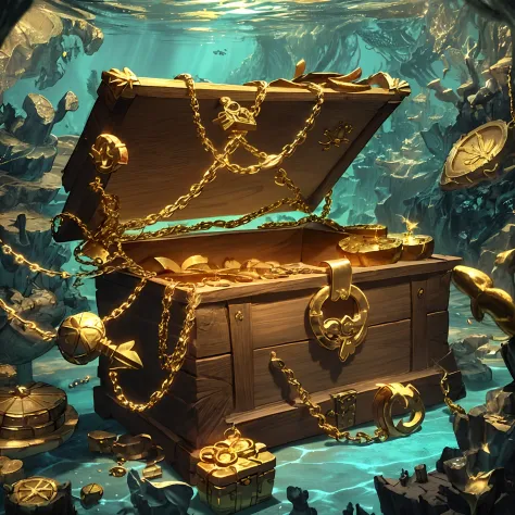 There is a wooden chest with a gold chain around, gold and treasure,  treasure chests, Hide a large treasure chest, treasure chests - SeaArt AI